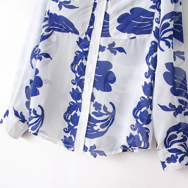 New Fashion Ladies' elegant Porcelain Pattern Floral print blouses Blue white Shirt casual shirts brand designer tops