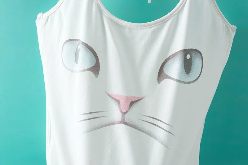 Summer Fashion Women Cat Print Sexy Spaghetti Strap backless short Tank White Vests Crop Tops