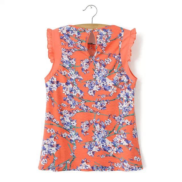 summer Fashion women elegant sweet floral print chiffon orange spliced blouses O neck sleeveless shirts casual slim tops 01SY