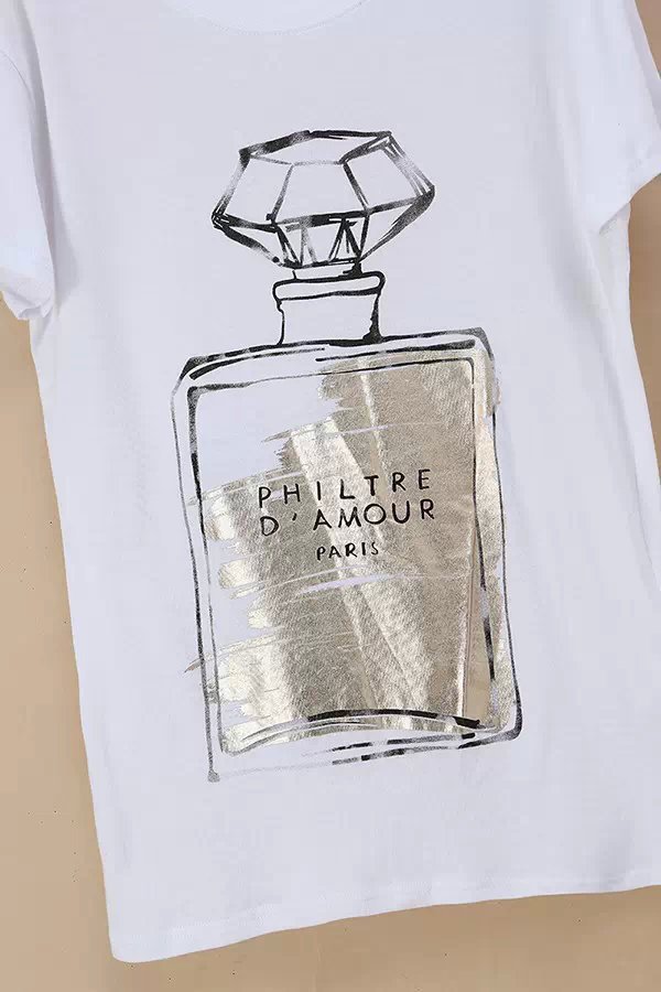 summer Fashion Women vintage Gold Perfume bottle print basic white cotton T shirt short sleeve casual top tee O neck shirts