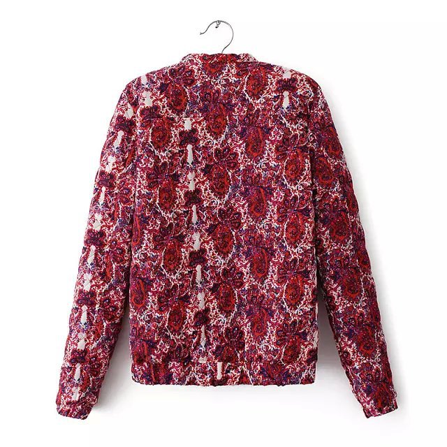 Winter New red floral pattern cotton-padded clothes Thicker outwear O Neck pocket Fashion Women cotton clothing