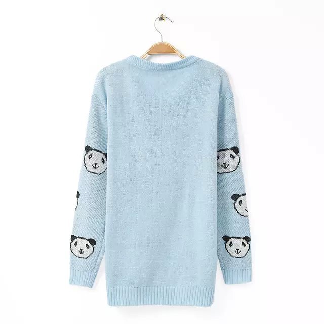 Winter women fashion Panda Pattern Blue Knit Sweaters pullovers Outerwear lady casual thick long sleeve Brand Tops