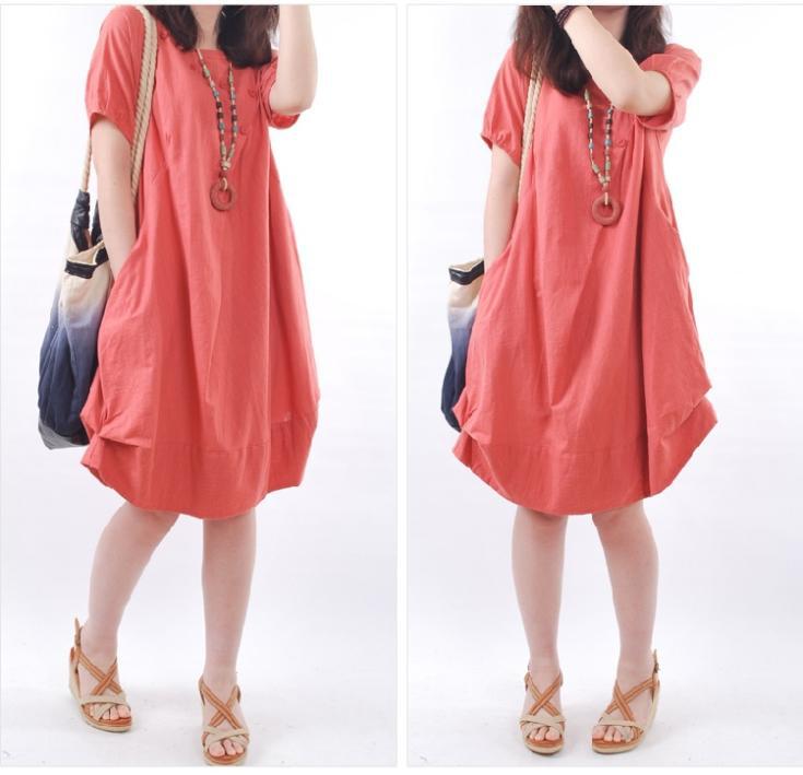 New Brand Summer Women Casual Solid O-Neck Ball Gown Button Pockets Loose Dress Vestidos