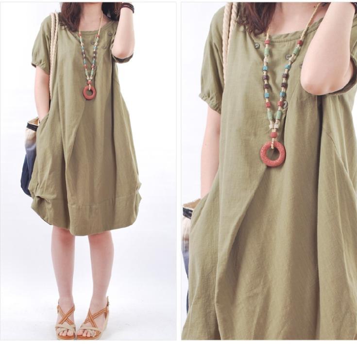 New Brand Summer Women Casual Solid O-Neck Ball Gown Button Pockets Loose Dress Vestidos