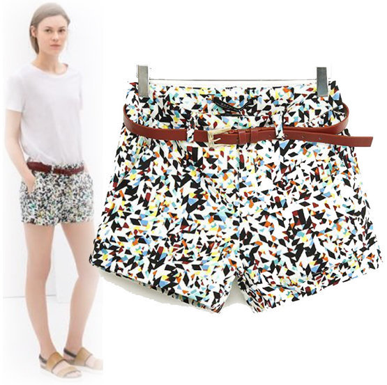 03XC227 Fashion Ladies' Elegant geometry print shorts zipper pockets free belt casual Slim brand designer shorts