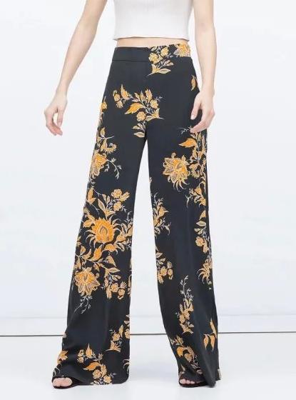 Wd1 Fashion Women Floral Print Wide Leg Pants flare trousers Zipper Casual Black Brand Loose Female Pantalon Femme