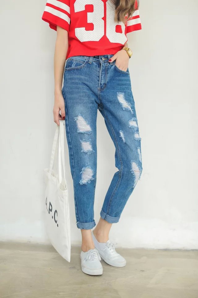 XRJ02 Fashion Women Hole Denim blue Zipper Casual brand designer Jeans pocket loose pants