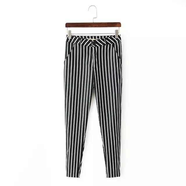DT04 Fashion Women Elegant Stripe Print Basic Pants Stretch Zipper Pockets Casual Brand Capris Trousers Pantalon Femme
