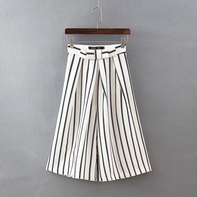 Wn12 Fashion Women Elegant Striped Bow Wide Leg Flare Trousers Loose Zipper Pockets Casual Office Lady Brand Capris Pants
