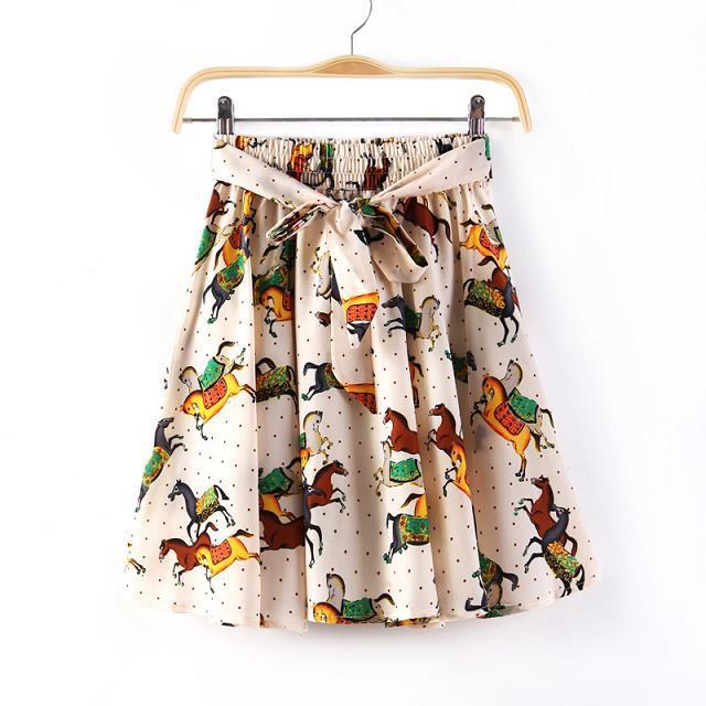 04Z01 Fashion women vintage horse print Mini pleated Skirts casual slim brand designer quality skirts