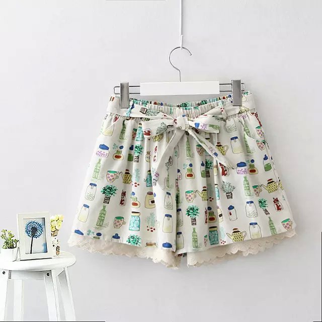 JIN16 Summer Fashion Ladies owl Floral Print bow tie waist elastic skirt shorts For Female casual Women short mujer