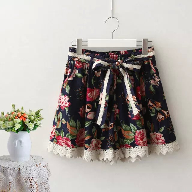 JIN17 Summer Fashion Ladies owl Floral Print bow tie waist elastic skirt shorts For Female casual Women short mujer
