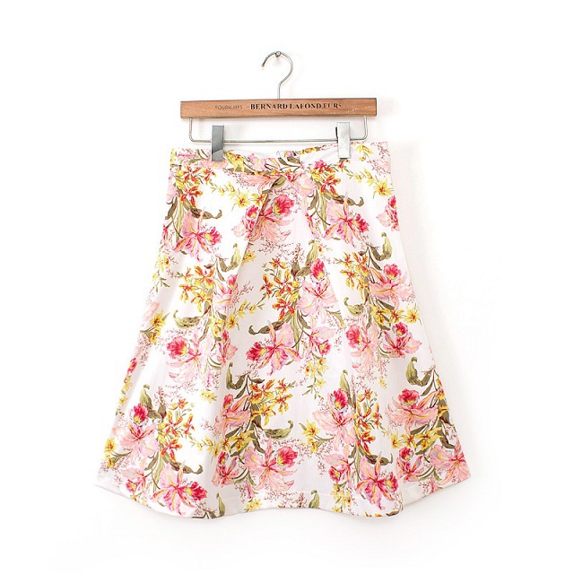 TH03 Fashion Women Sweet Spring Floral print zipper pleated Work Knee Skirt high waist casual slim brand skirts