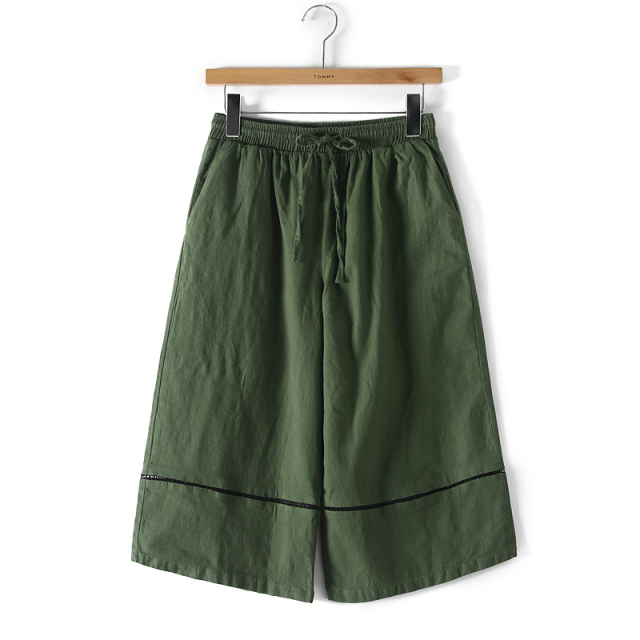 HY33 Fashion Women Cotton linen Green Wide Leg Flare Trousers Loose Pockets Casual Brand Capris Pants
