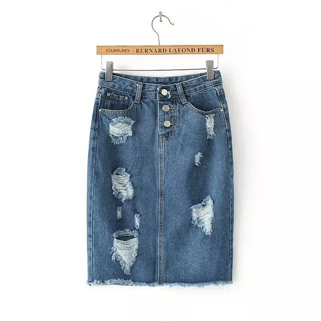 QQ10 Fashion women Blue denim Hole Ripped Pencil jeans Skirts casual Female ladies midi skirt saias feminina faldas jupe