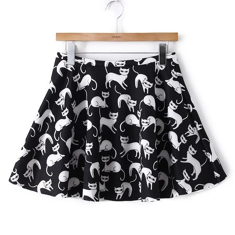 Vintage Black Print Pleated Mini Skirt