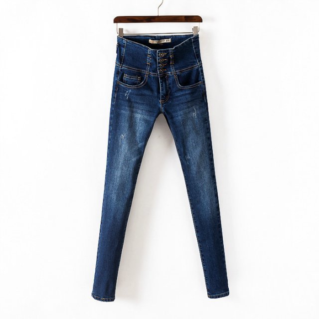WS14 New Fashion Women Elegant High Waist Blue Denim jeans trousers 4 button zipper pockets Casual slim brand design pants
