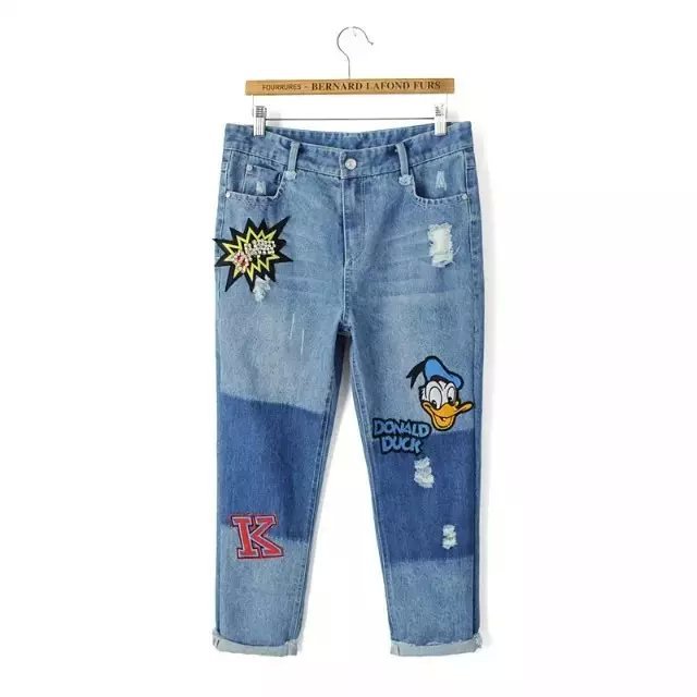 NIA01 Fashion Women Elegant Holes Ripped Duck Embroidery Denim blue trouses Zipper Pockets pants Casual brand design jeans
