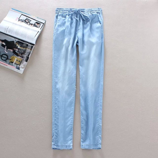 YS02 Fashion Ladies Elegant Denim blue Elastic waist Drawstring trousers pockets Plus Size brand designer pants