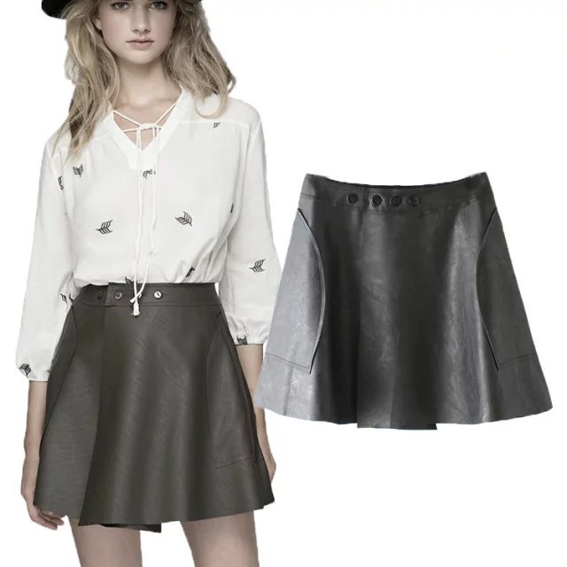 RG17 new fashion womens' rivet PU Leather pocket Sexy Mini Skirt elegant classic black casual skirts