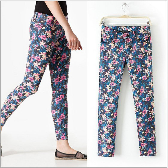 XC01 Fashion women's Elegant Leaf floral print Skinny pants pencil trousers cozy vintage casual slim brand designer pants