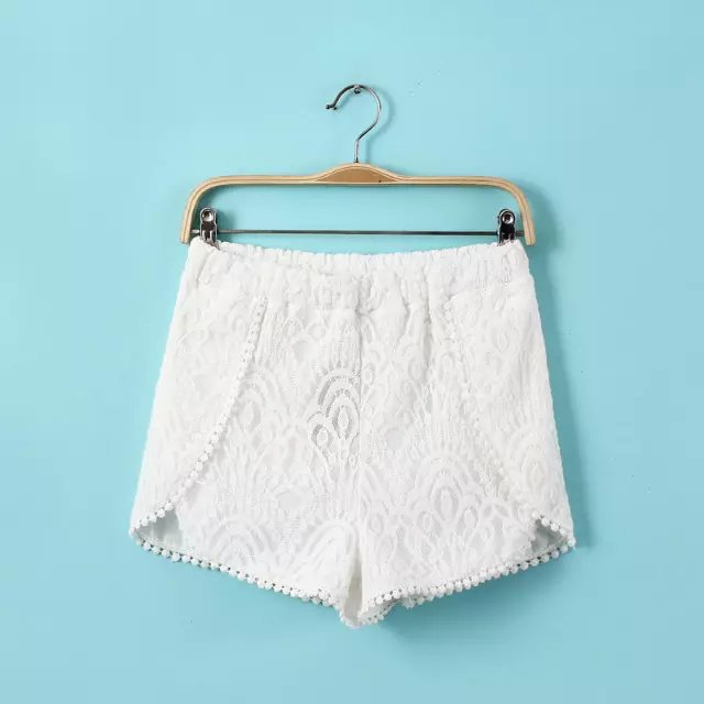 CC29 Fashion summer Women Elegant Lace floral elastic waist casual white shorts design brand