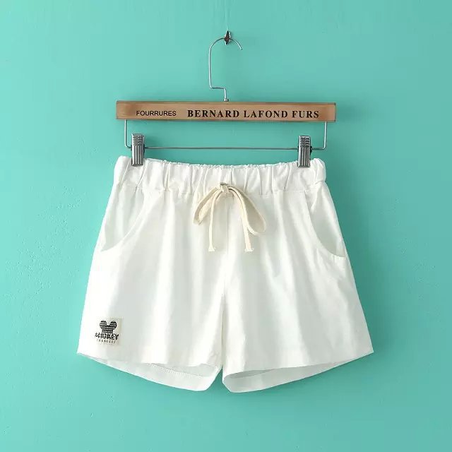 AX08 Fashion Women Elegant Cotton Linen Embroidery Elastic Waist Drawstring white Casual brand design pocket shorts