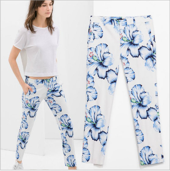 08 New summer Fashion Ladies'flower print zipper waist pants OL work style pants casual slim pants