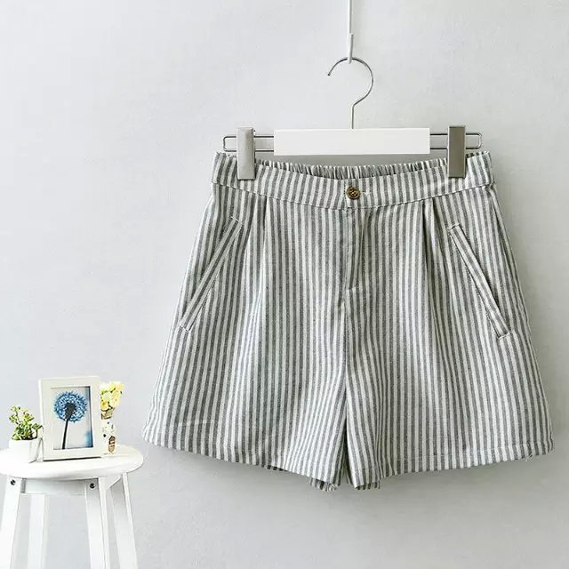 JIN01 Fashion Women Elegant Cotton Stripe Elastic waist zipper pocket casual brand design Shorts