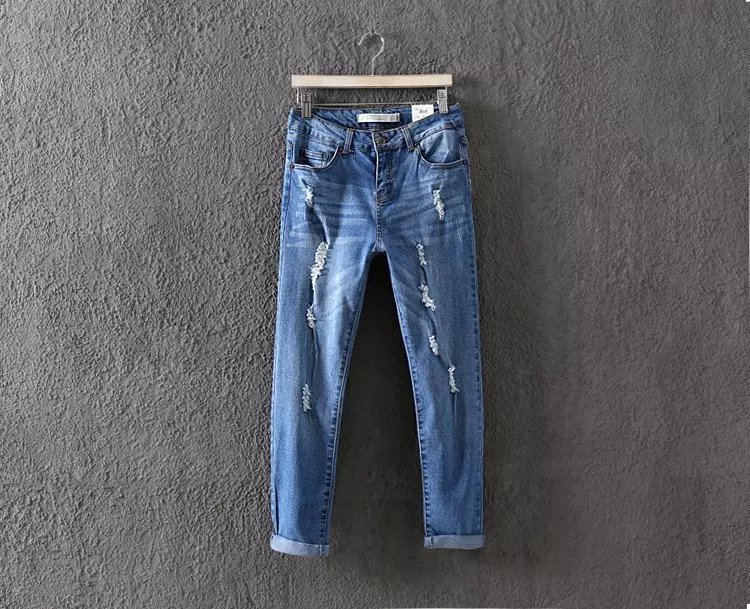 WS09 Fashion New Women Elegant holes Blue Denim jeans Trousers zipper pockets Casual brand design pants