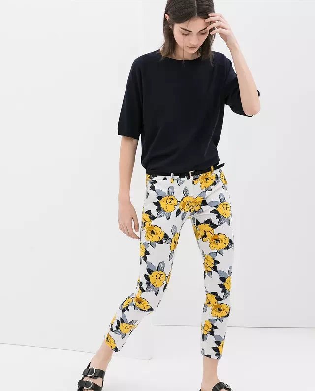 03TH02 Fashion women's Elegant yellow floral print skinny pants cozy trousers vintage zipper pockets pants casual slim brand