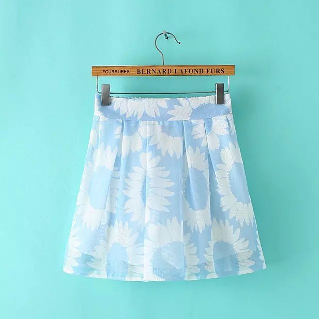 QQ40 Fashion Women Elegant Mesh Cotton Pleated Sunflower Print skirts Back Zipper Vintage Casual blue brand Skirt