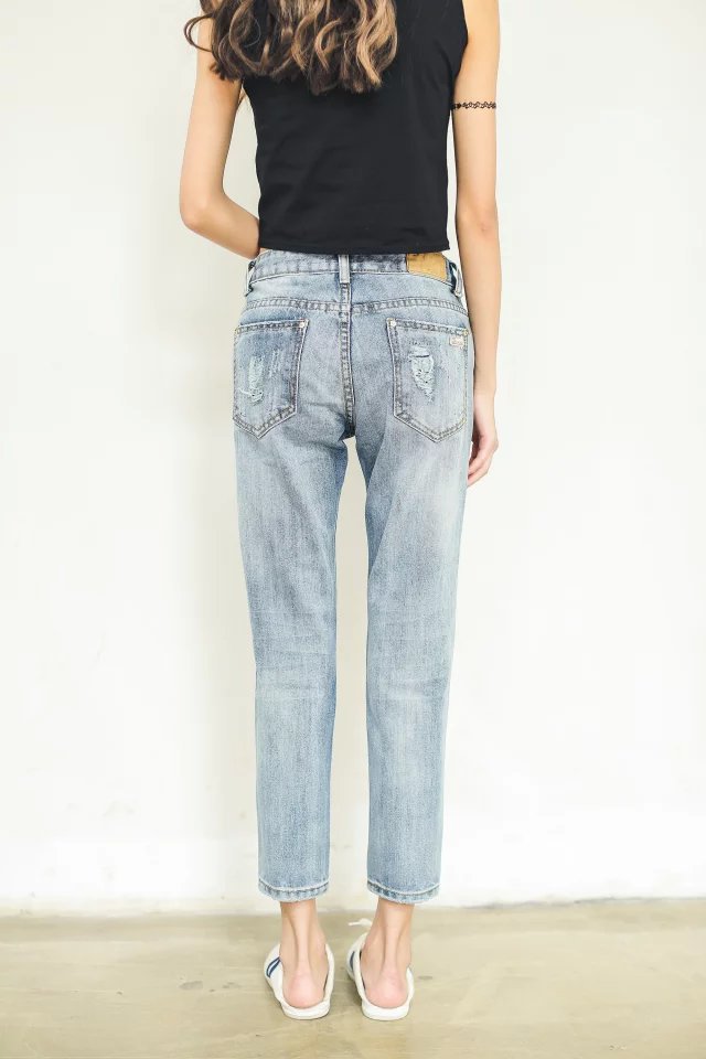 XRJ01 Fashion Women Hole Denim blue Zipper Casual brand designer Jeans pocket patchwork pants