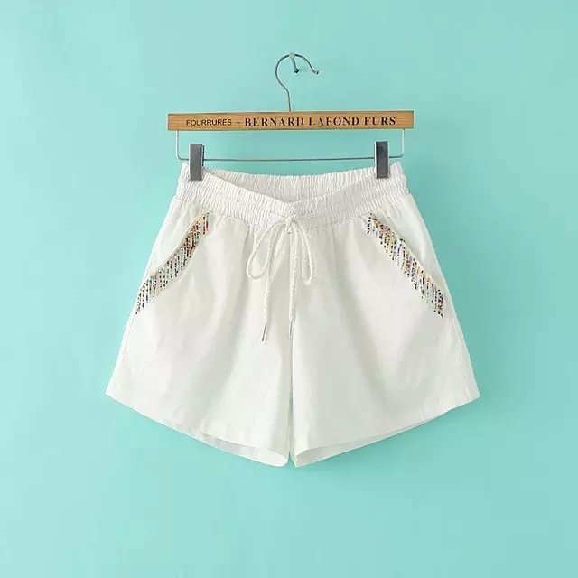 DAN17 Fashion Women Elegant Cotton Linen Elastic waist Drawstring casual brand pocket beading design shorts