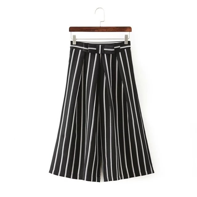 Wn12 Fashion Women Elegant Striped Bow Wide Leg Flare Trousers Loose Zipper Pockets Casual Office Lady Brand Capris Pants