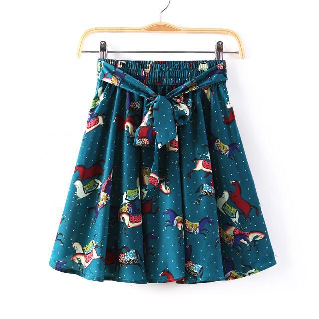 04Z01 Fashion women vintage horse print Mini pleated Skirts casual slim brand designer quality skirts