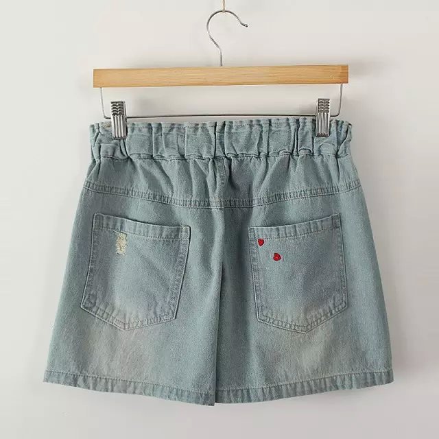ZH04 New Fashion Ladies Elegant Drawstring Heart Embroidery Denim Blue Jeans pockets casual shorts