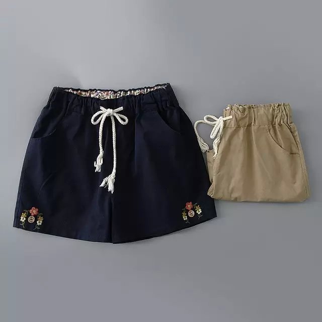 ZH08 Fashion Ladies Cotton Elegant Floral Embroidery Drawstring casual brand design pocket shorts