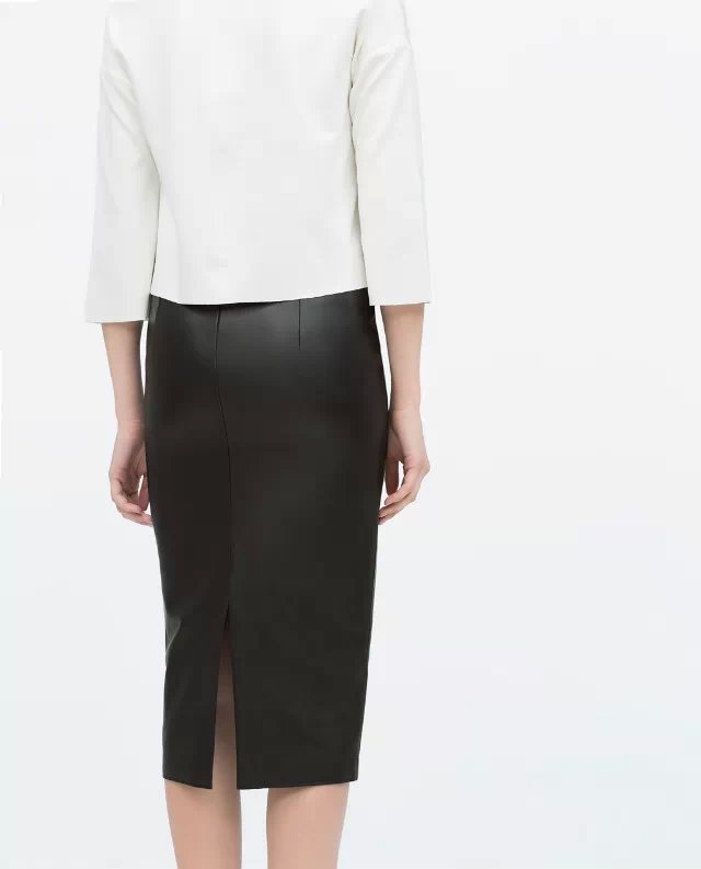 XZ14 Fashion Women black PU leather skirts vintage back split zipper elegant stylish causal Slim pencil skirt