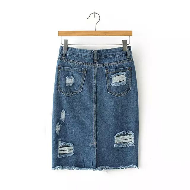 QQ10 Fashion women Blue denim Hole Ripped Pencil jeans Skirts casual Female ladies midi skirt saias feminina faldas jupe