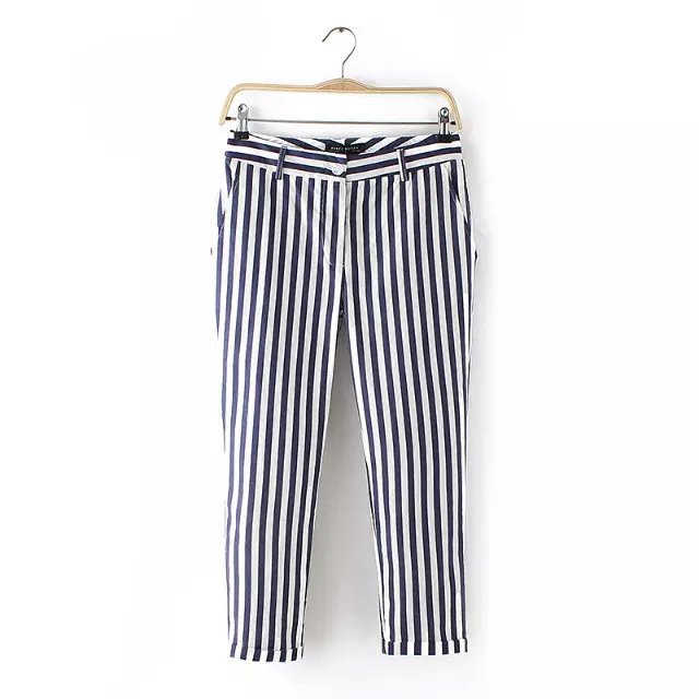 AZ54 Fashion Women Elegant Linen Stripe Print zipper pockets trousers capri pants length casual slim brand design
