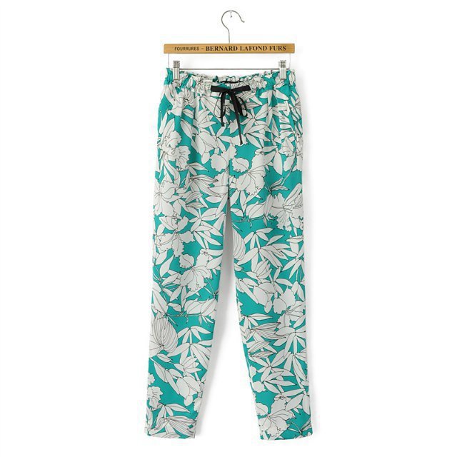 LF2 Summer Fashion women Elegant floral print Green pants Elastic Waist trousers pocket cozy vintage casual loose brand