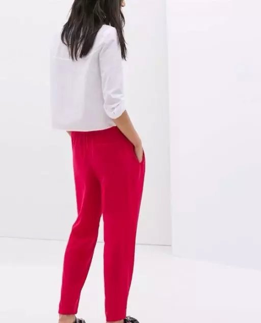 LF3 Fashion women Elegant red pants Elastic Waist Basic trousers pocket cozy vintage casual loose brand