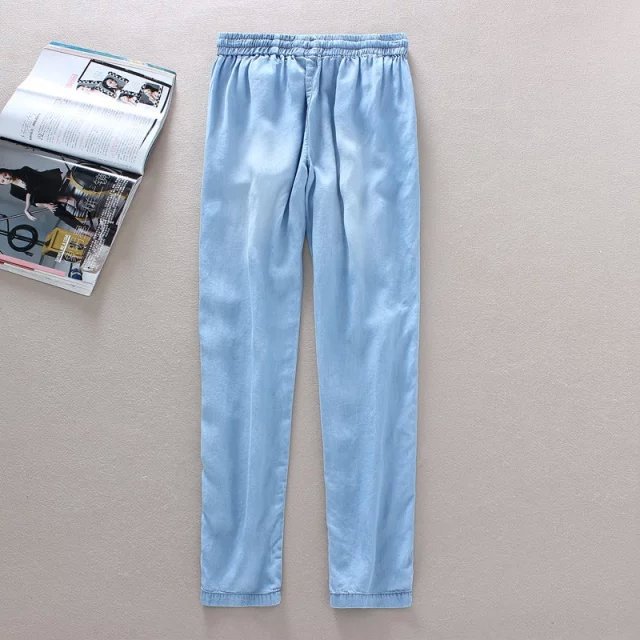 YS02 Fashion Ladies Elegant Denim blue Elastic waist Drawstring trousers pockets Plus Size brand designer pants