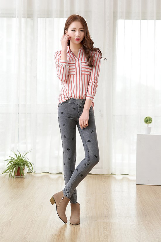 KQ47 Fashion women Elegant pockets Stretch Denim Star Print Skinny pants casual slim brand design