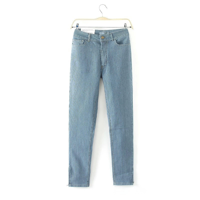 03FG02 Fashion Ladies' elegant stripe Blue Denim stretch jeans trouses zipper pencil skinny pants casual slim brand design