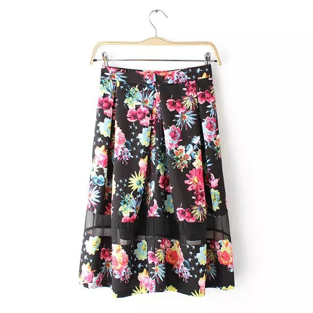 AZ43 Fashion women vintage Floral print pleated Skirts casual quality Mesh Patchwork skirt