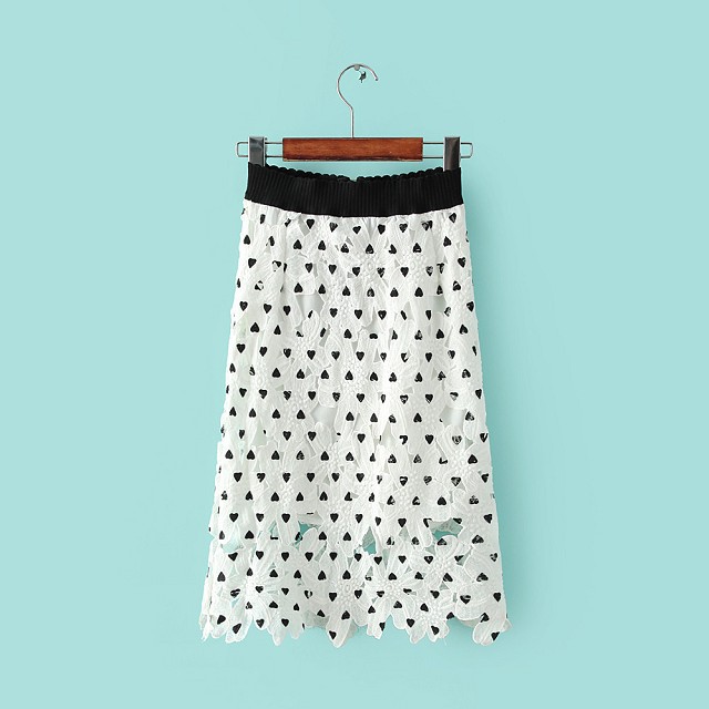 JH04 Fashion Women Elegant Lace Hollow Out Love Heart Print Elastic waist back Zipper Skirts casual slim brand designer skirts