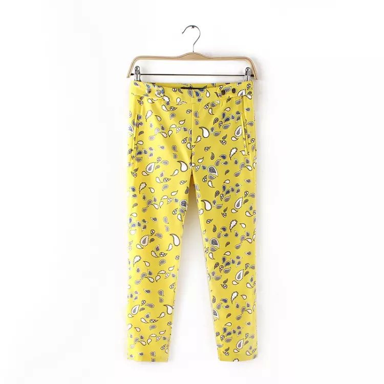 HA06 Fashion Women Elegant Paisley print Embroidery Button pocket trousers Casual brand designer Yellow pants