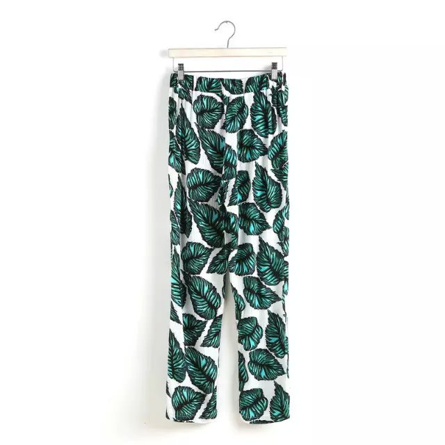 XZ104 Fashion Women Elegant Cotton Linen Tree Print Trousers Elastic Waist Tunic Vintage Pocket Casual green brand Pants